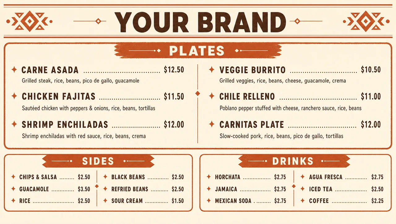 Mexican plates menu template, full design view.