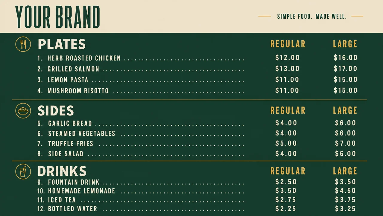 Plates menu priced by regular and large portions.