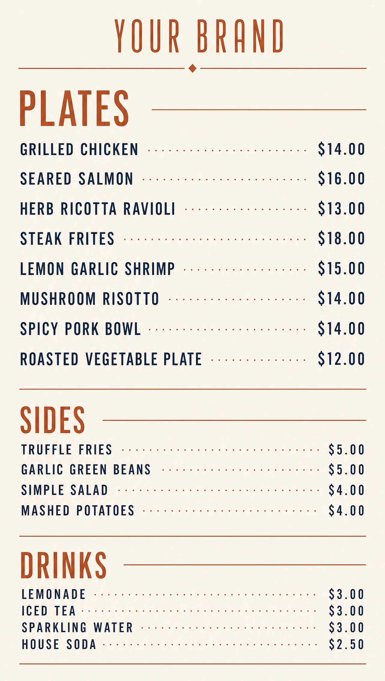 Mexican plates menu, vertical register panel layout.