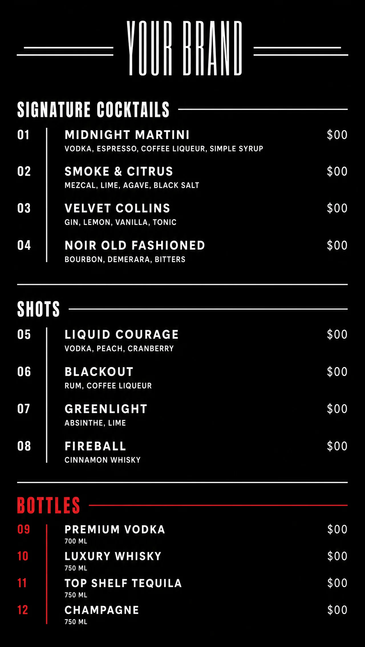 Neon menu layout, vertical stairwell design.