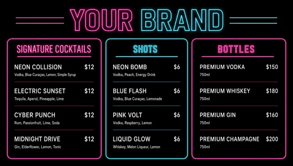 Night club menu template, full neon design view.