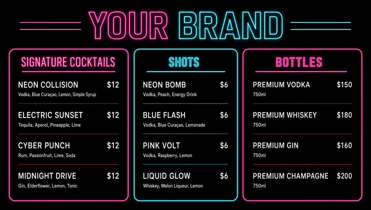 Night club menu template, full neon design view.
