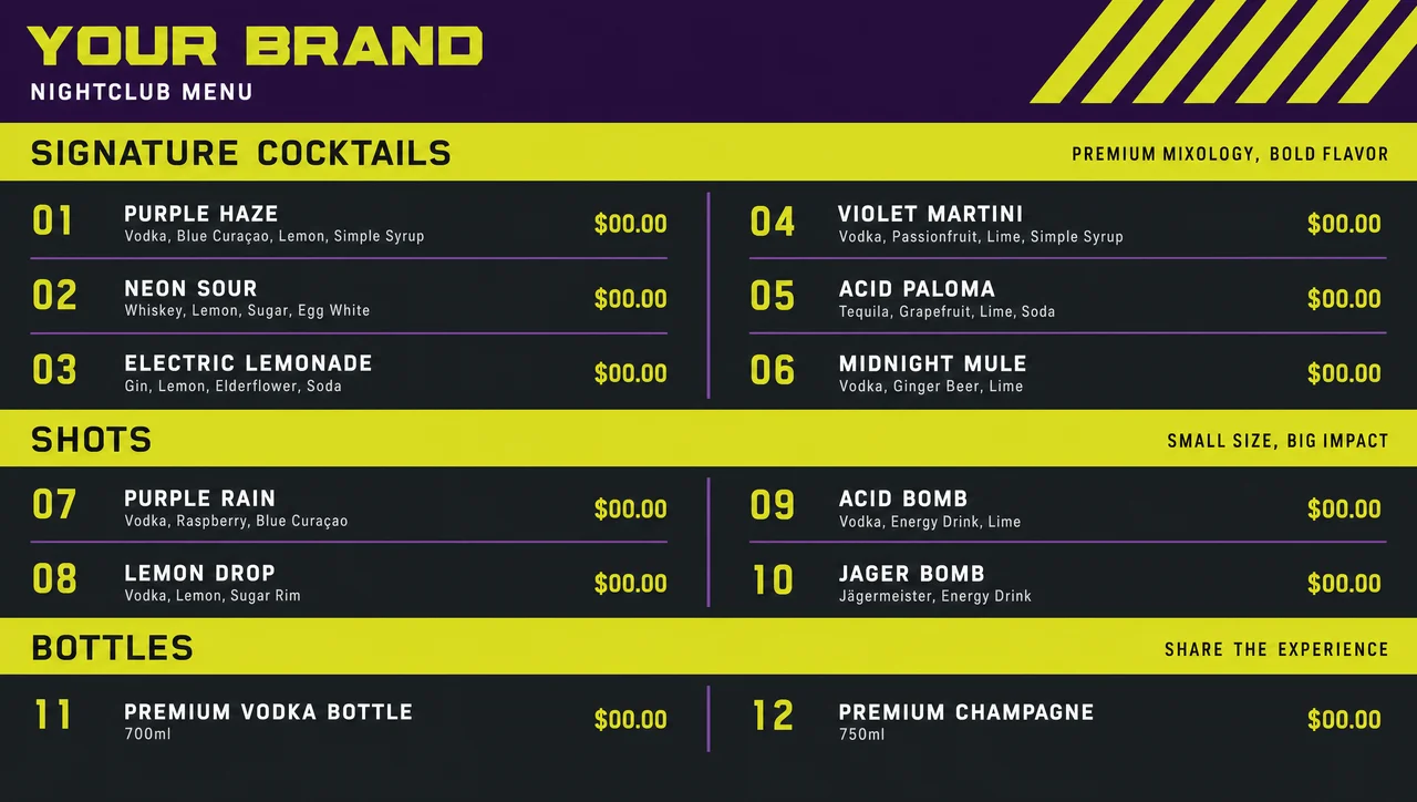 Night club drinks menu, bright room layout.