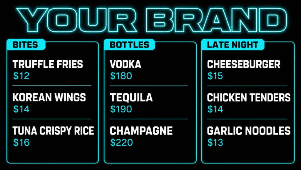 Nightclub food menu template, full design view.
