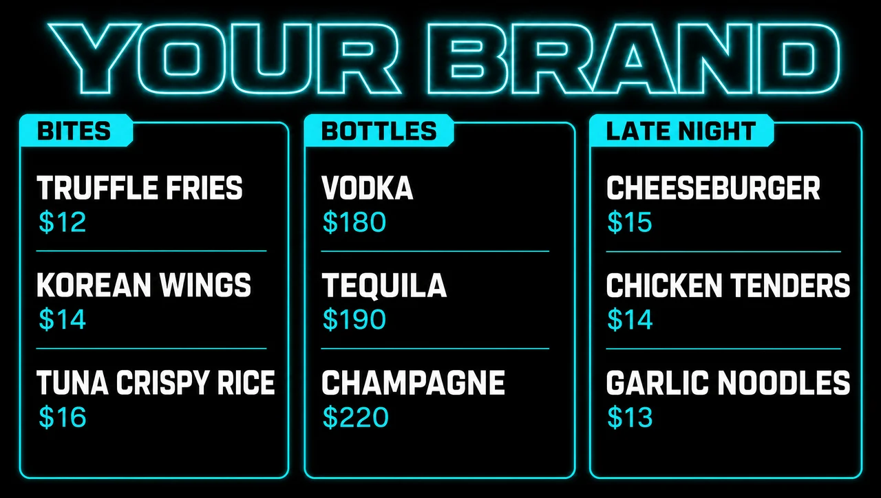 Nightclub food menu template, full design view.