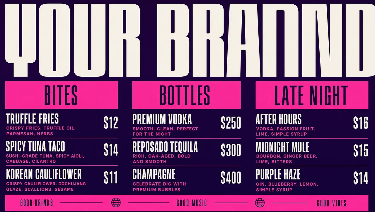 Nightclub food board in purple and hot pink.
