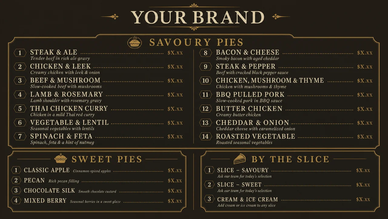 Pie shop menu design, savoury evening layout.