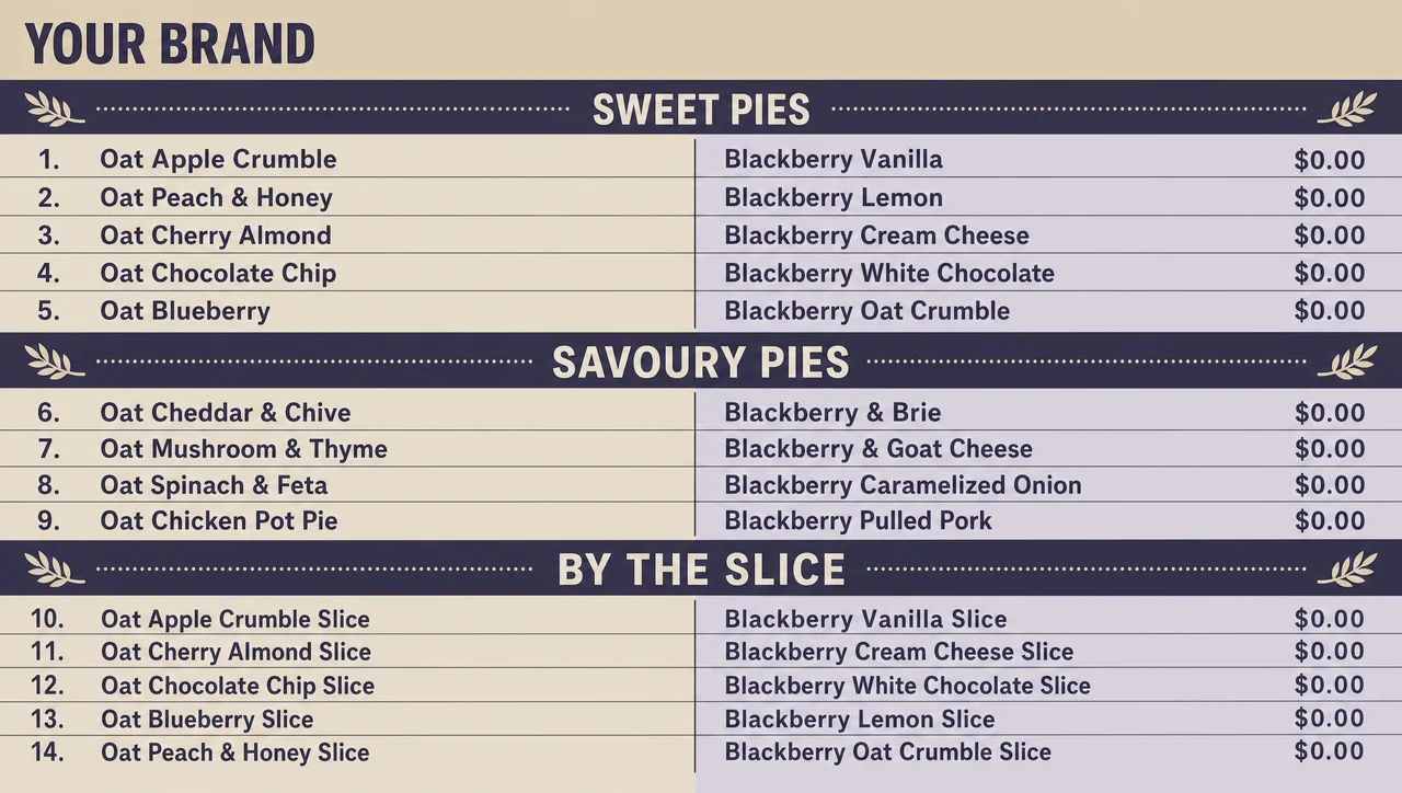 Mixed fillings pie shop menu, split line layout.