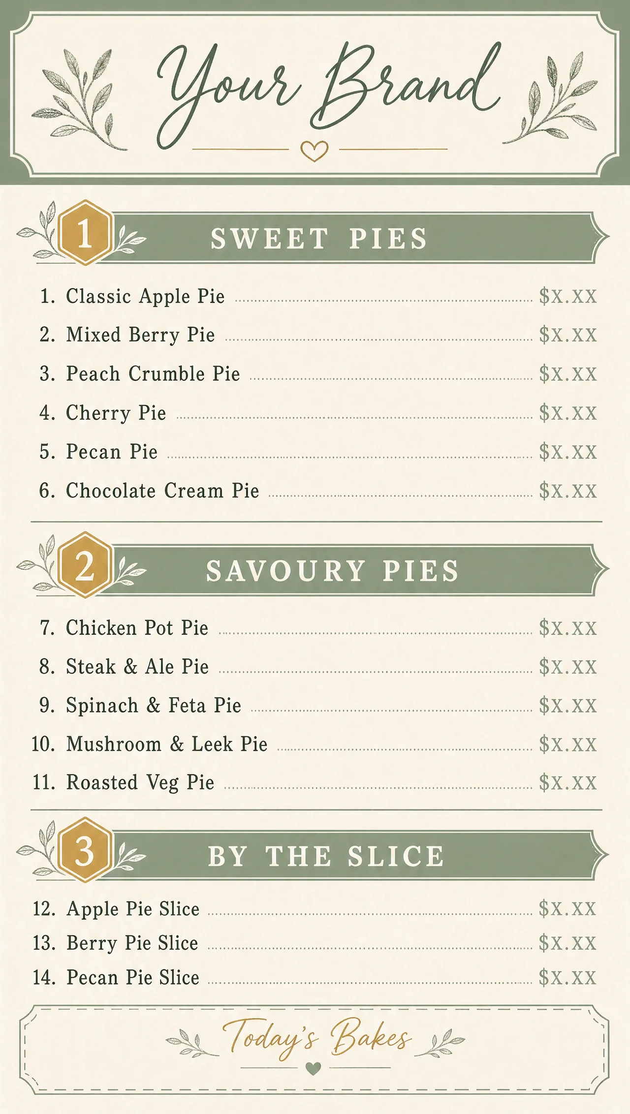 Village pie shop menu, vertical shopfront design.