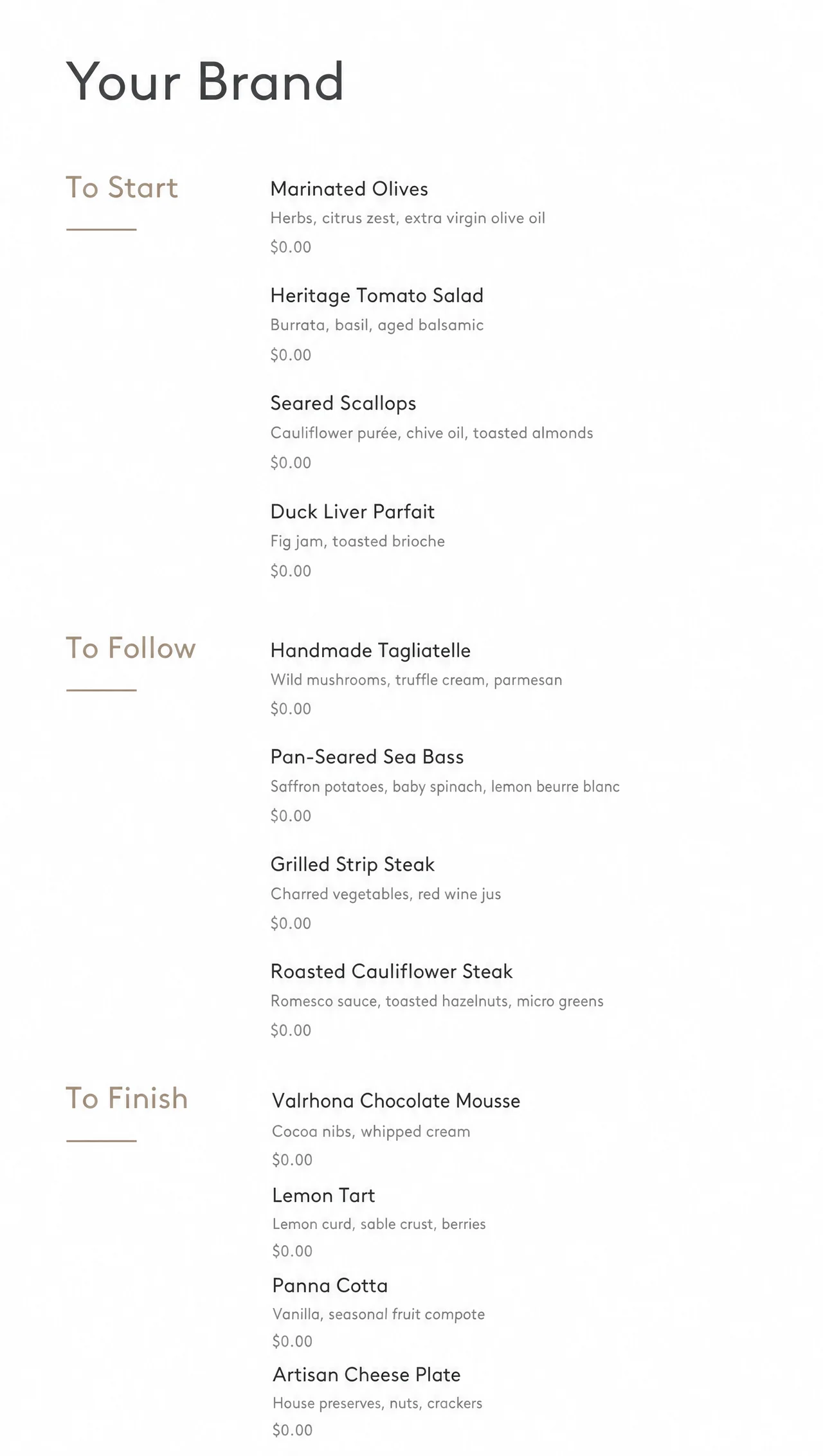 Plain white menu template, vertical taupe panel.