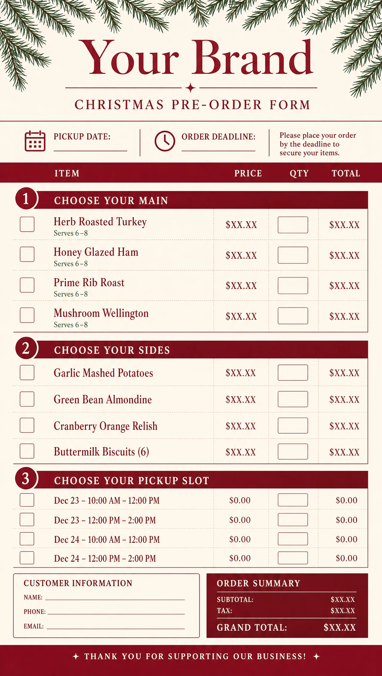 Menu pre order form, vertical holiday layout.