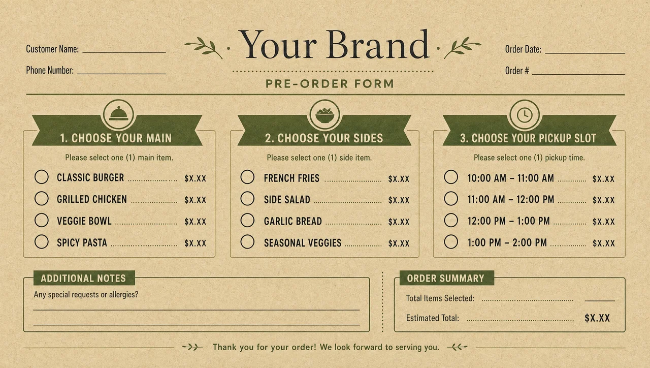 Preorder menu design, kraft full layout.