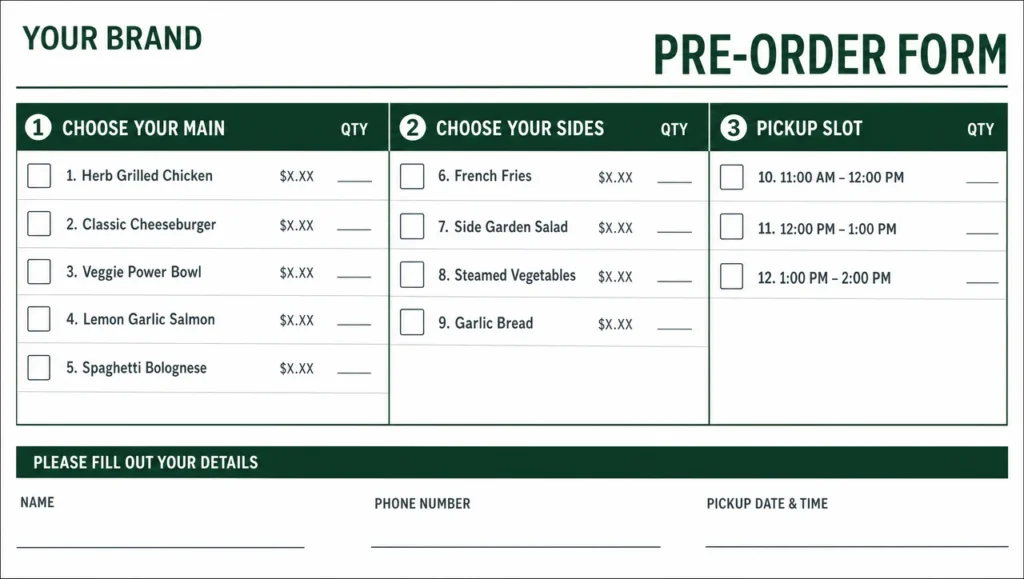 Pre-order menu template, full design view.