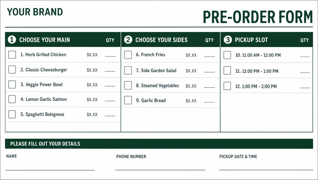 Pre-order menu template, full design view.