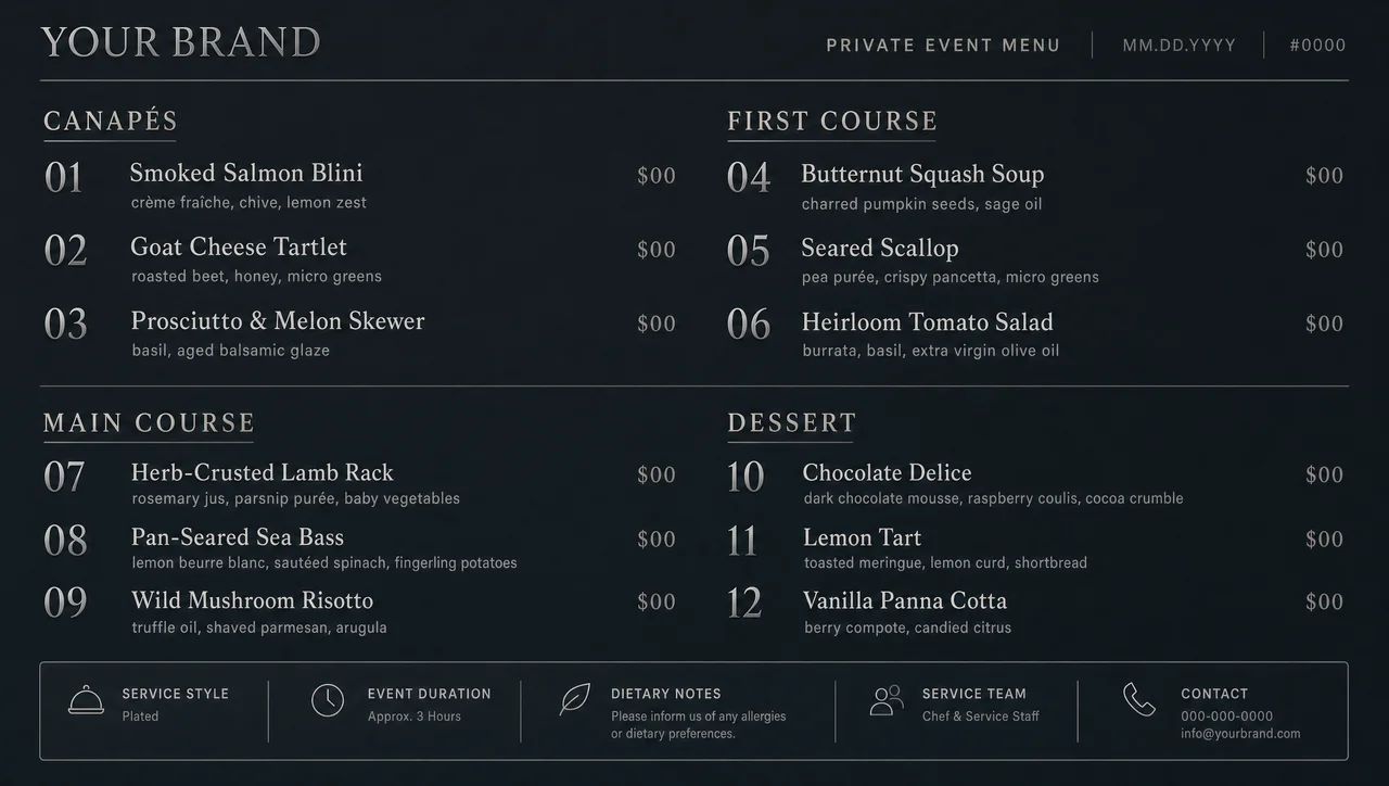 Private event menu design, numbered course layout.