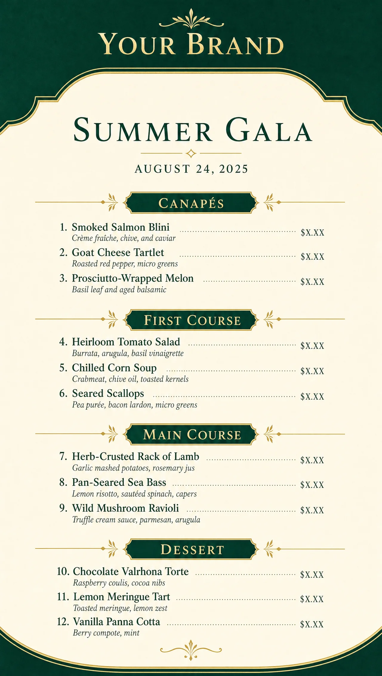 Private event menu layout, vertical card design.
