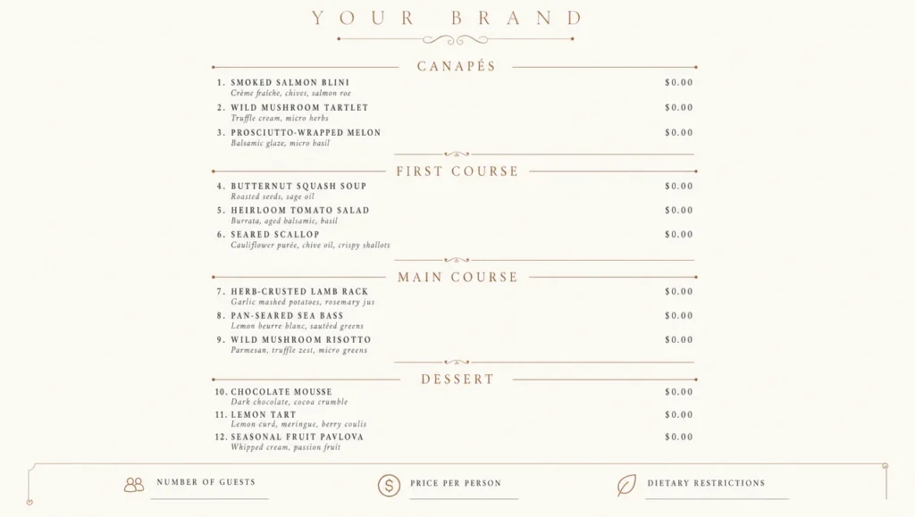 Private event menu template, full design view.