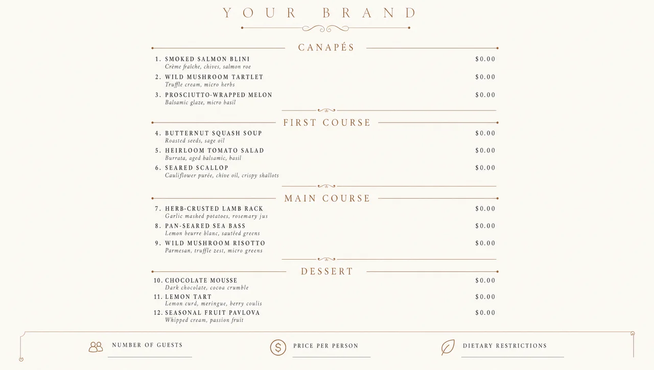 Private event menu template, full design view.