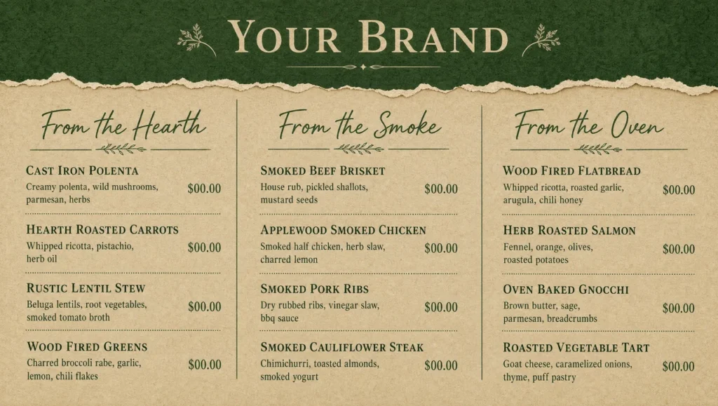 Rustic menu design template, full design view.