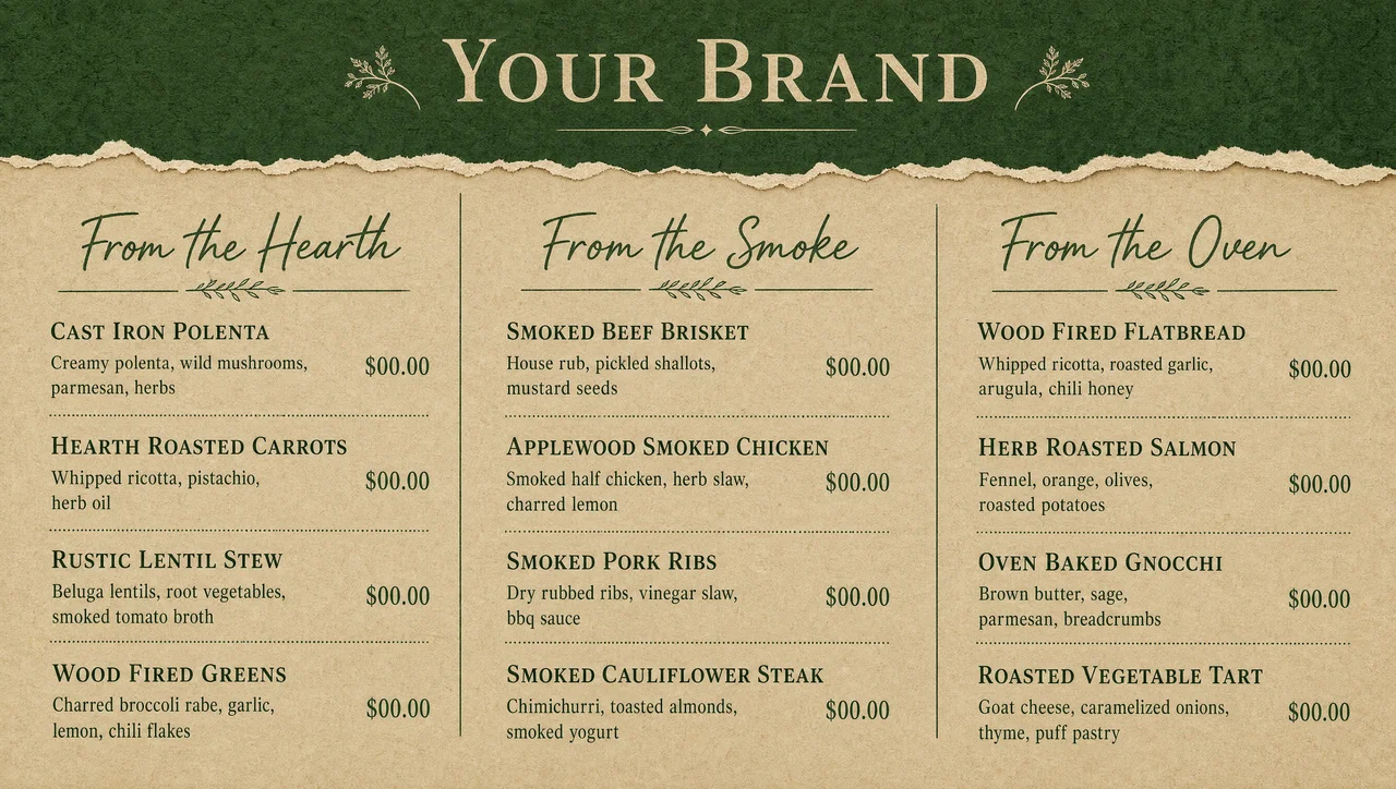 Rustic menu design template, full design view.