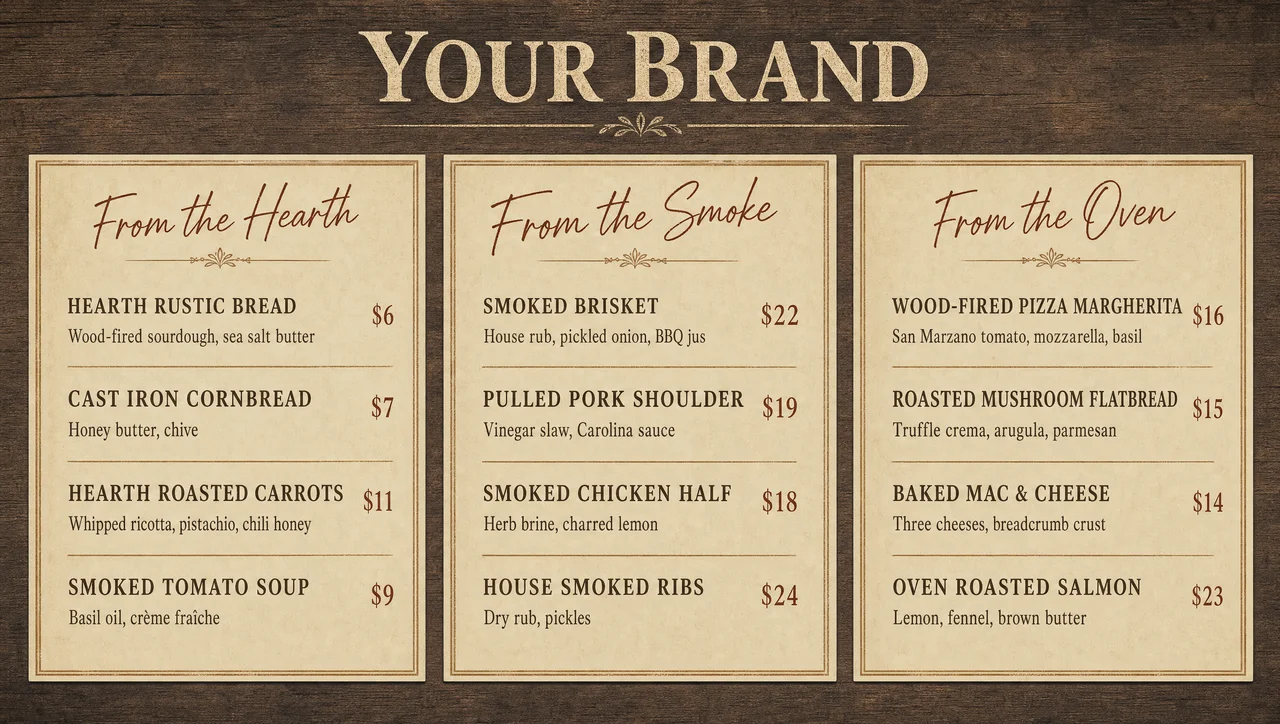 Rustic restaurant menu on a weathered oak layout.