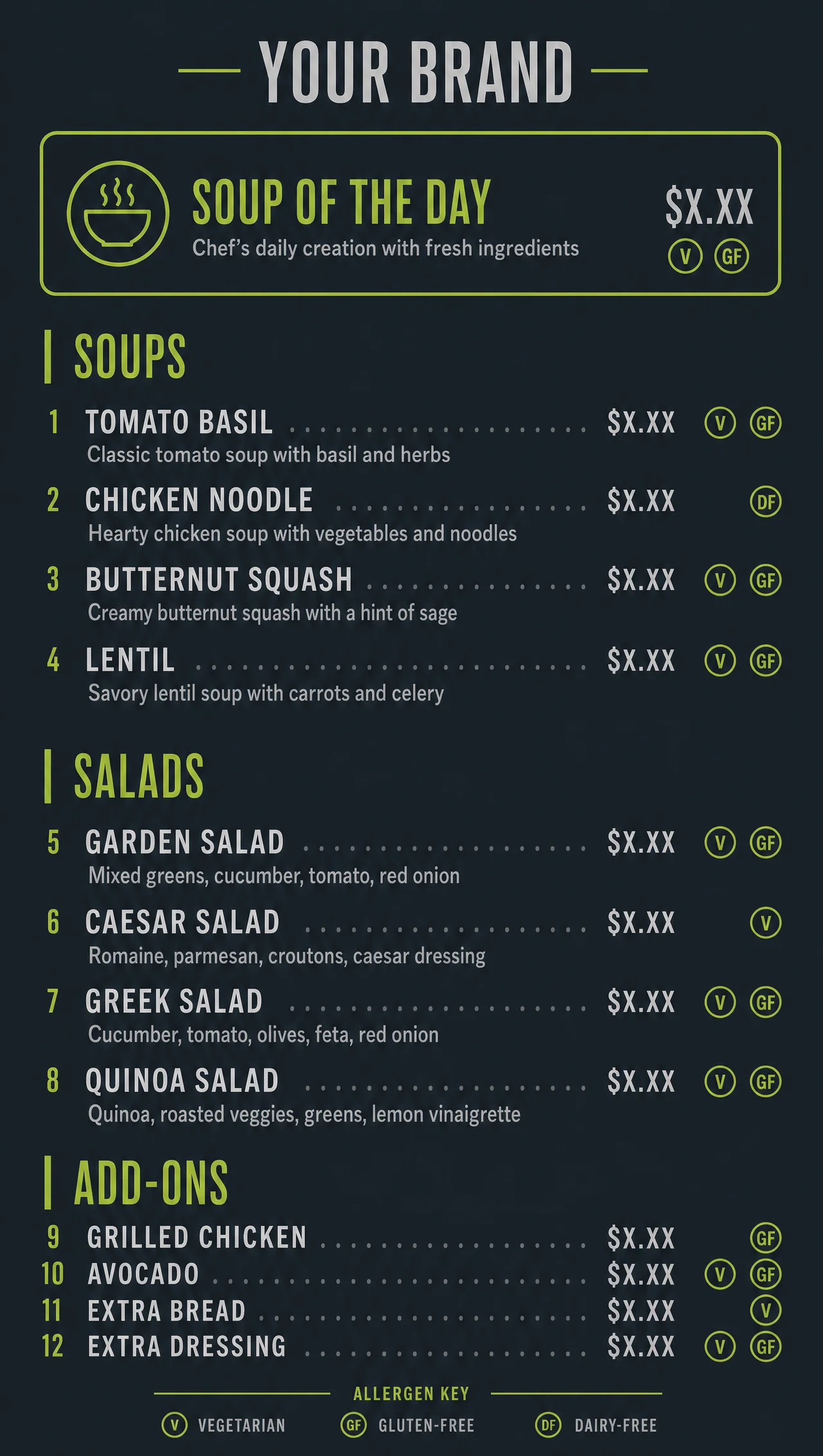 Salad menus in a vertical slate and lime layout.