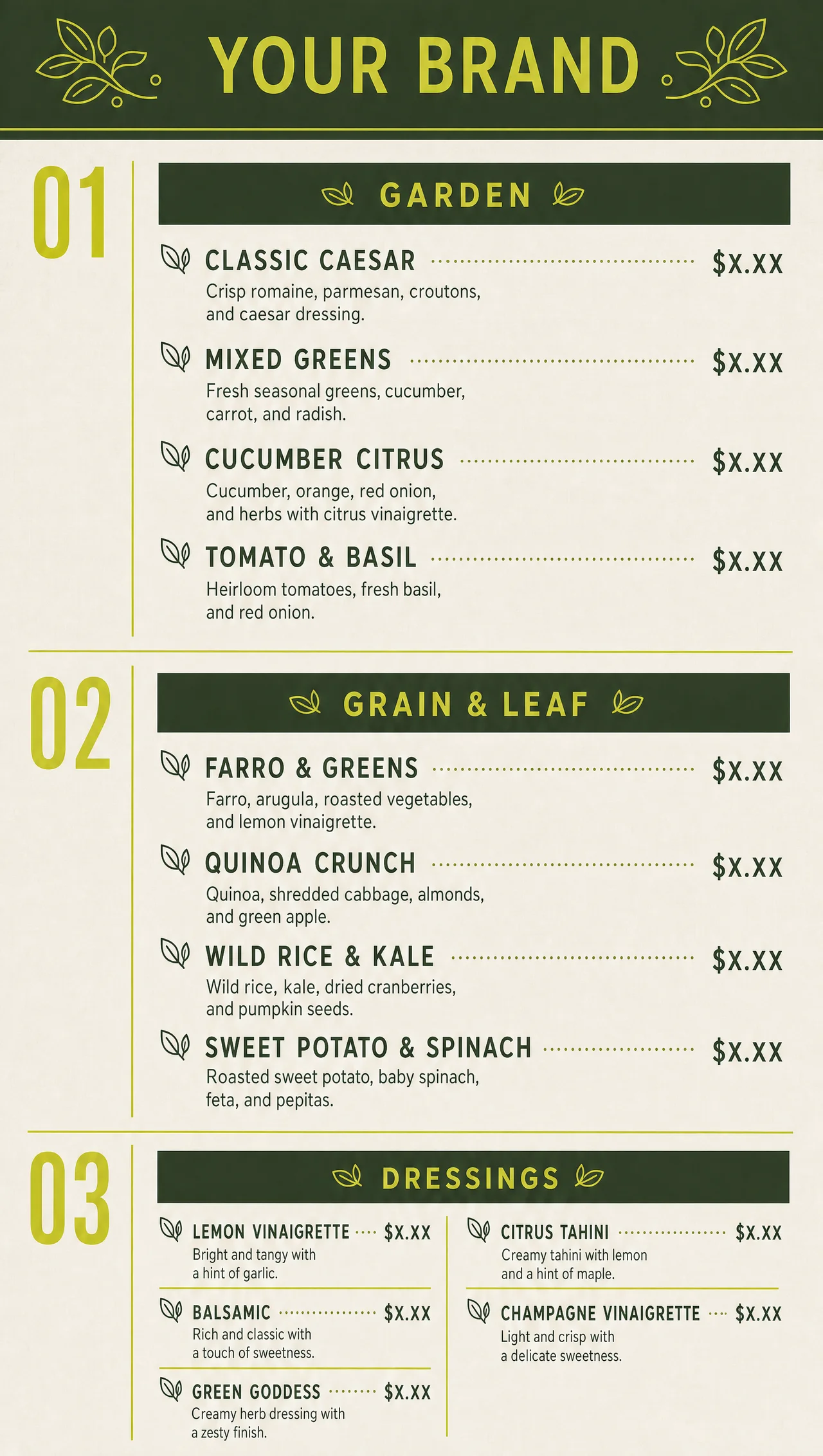 Restaurant salad menu, vertical design view.
