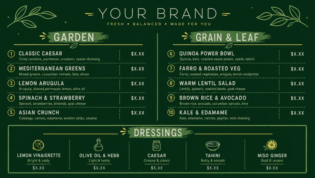 Salads menu template, full design view.