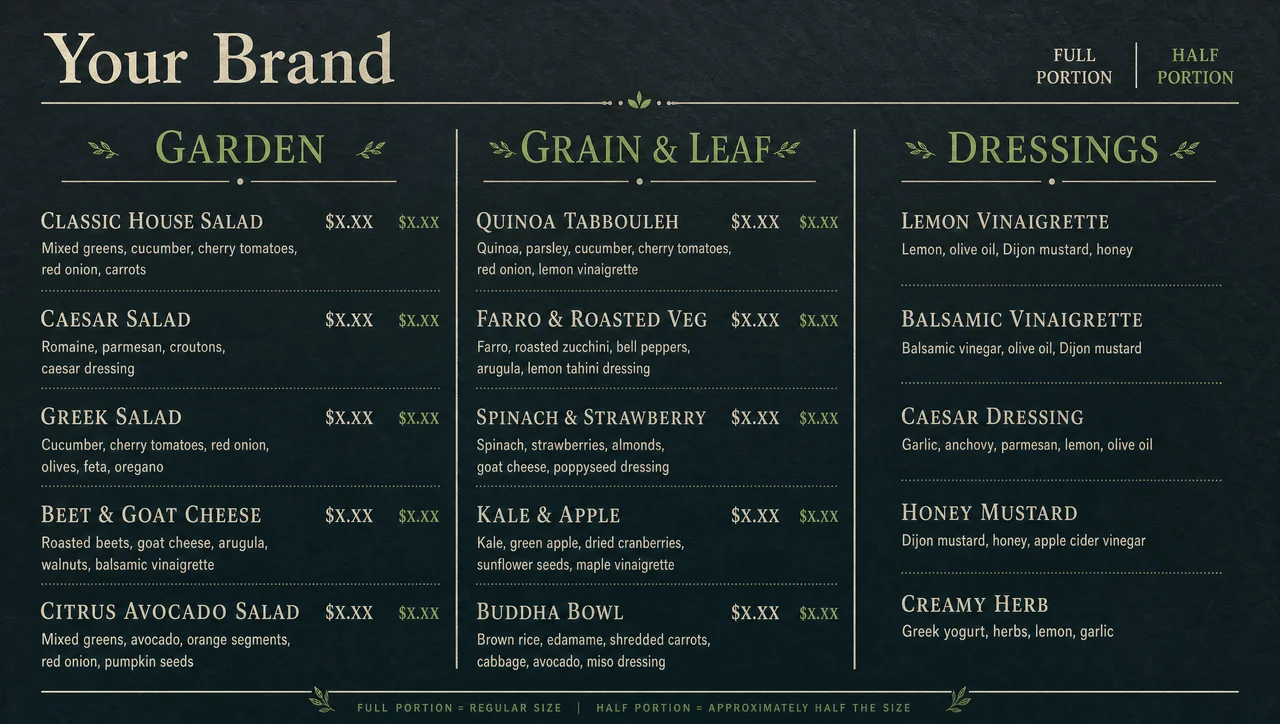 Salad menu description layout, full view.