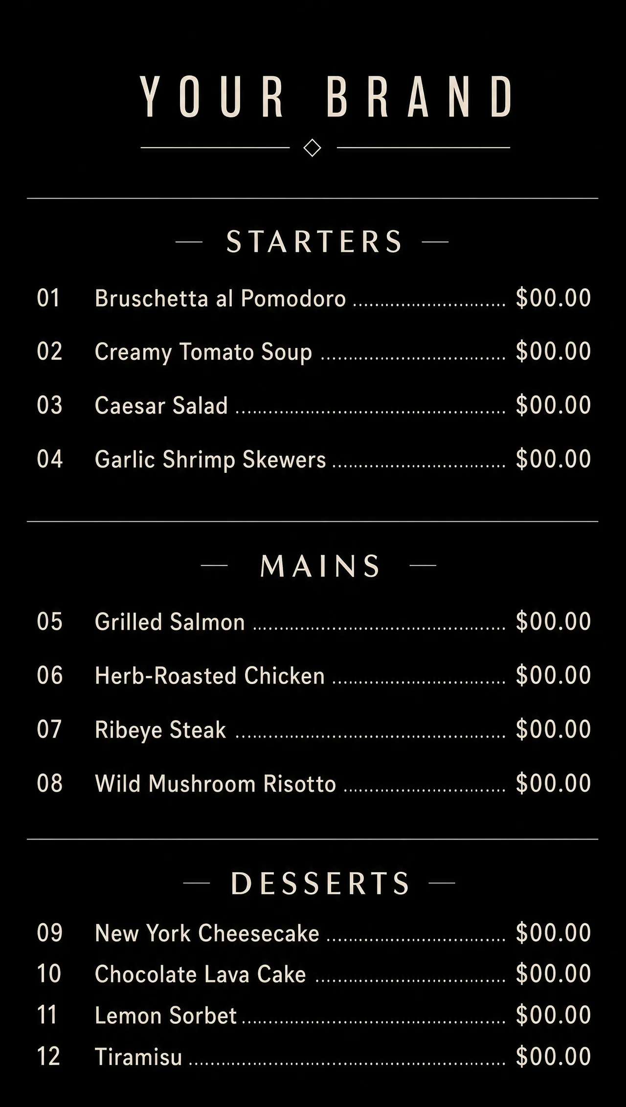 Simple black menu layout, vertical design view.