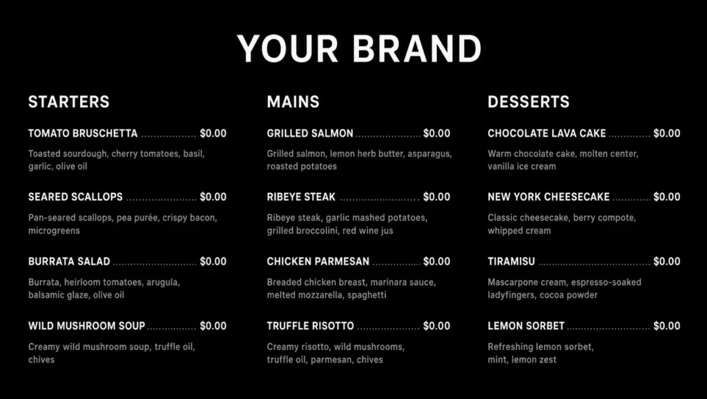 Black menu template, full design view.