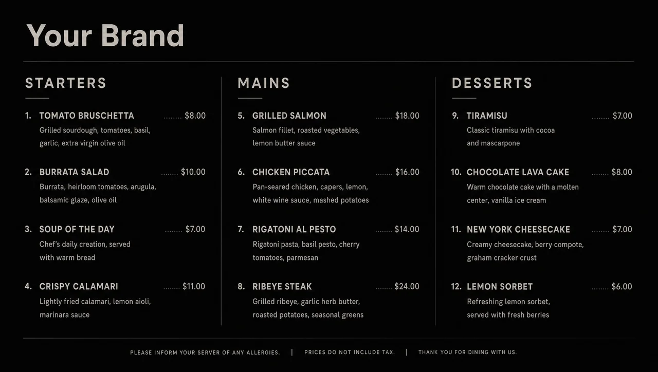 Simple black menu design, full layout.