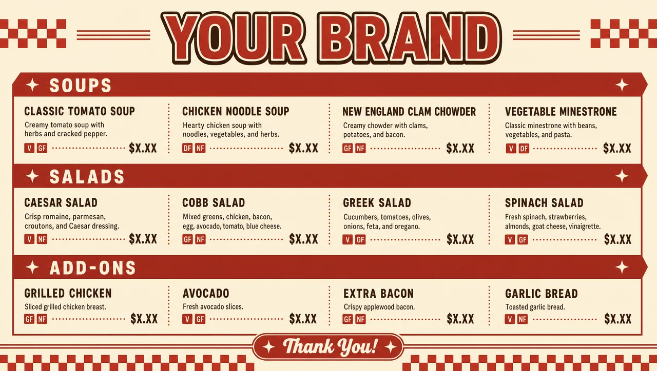 Soup restaurant menu in a cream and tomato red design.