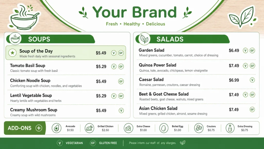 Soups and salads menu template, full design view.