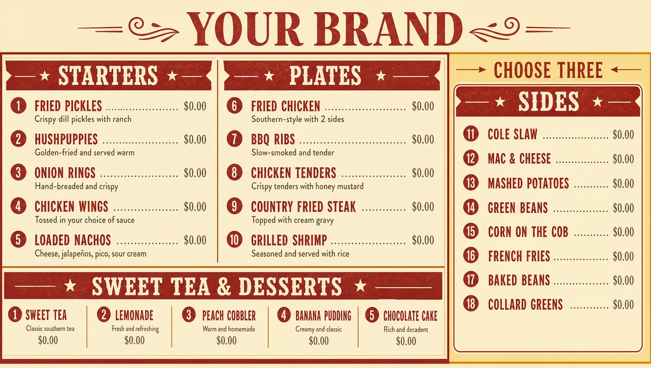 Southern family restaurant menu template, full design view.