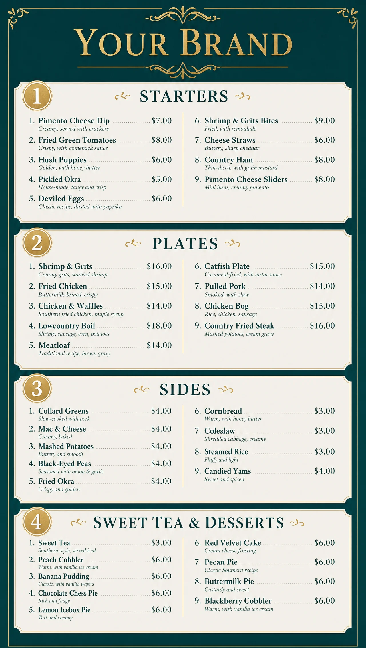 Southern family menu design, vertical layout view.