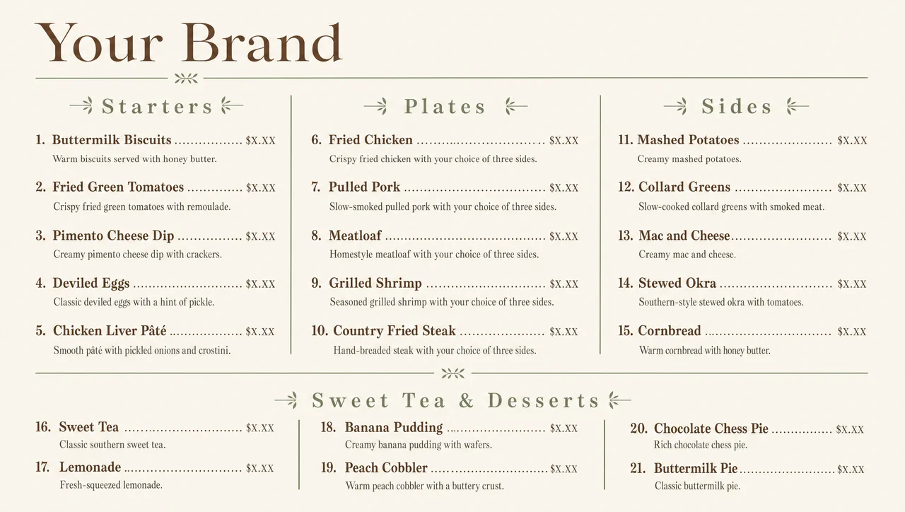 Southern family restaurant menu, full layout view.