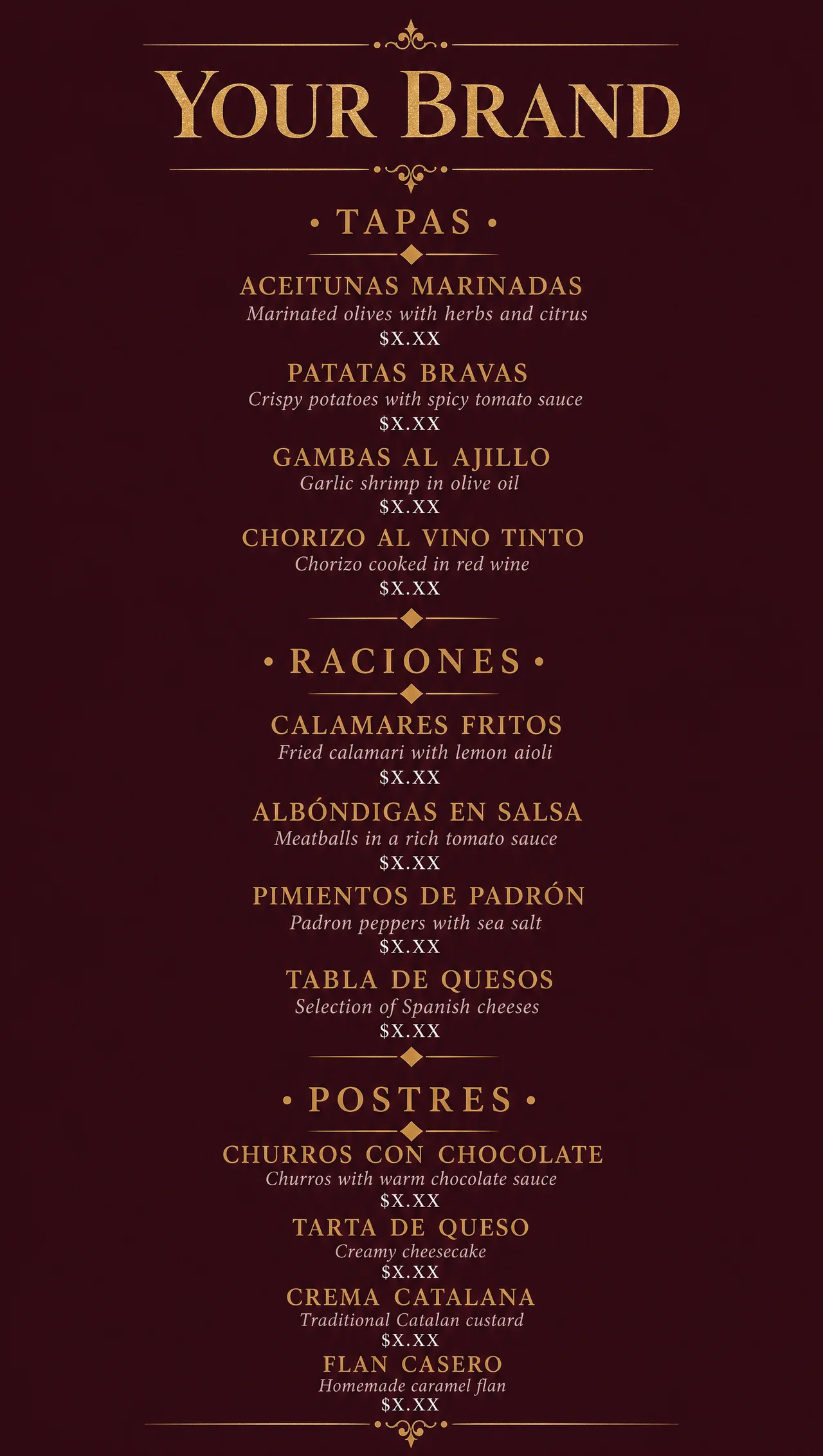 Spanish menu template, vertical burgundy design.