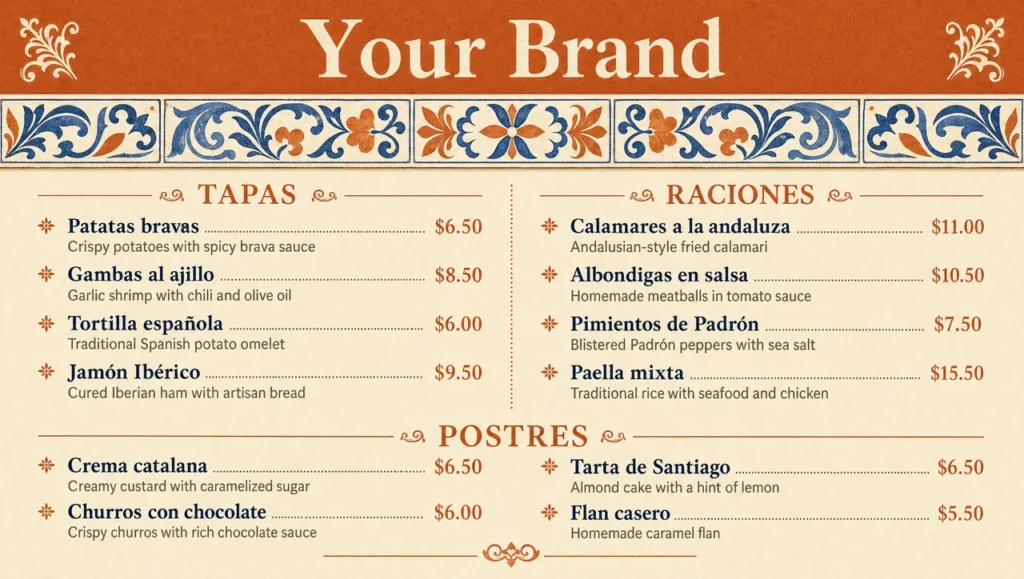Spanish restaurant menu template, full design view.