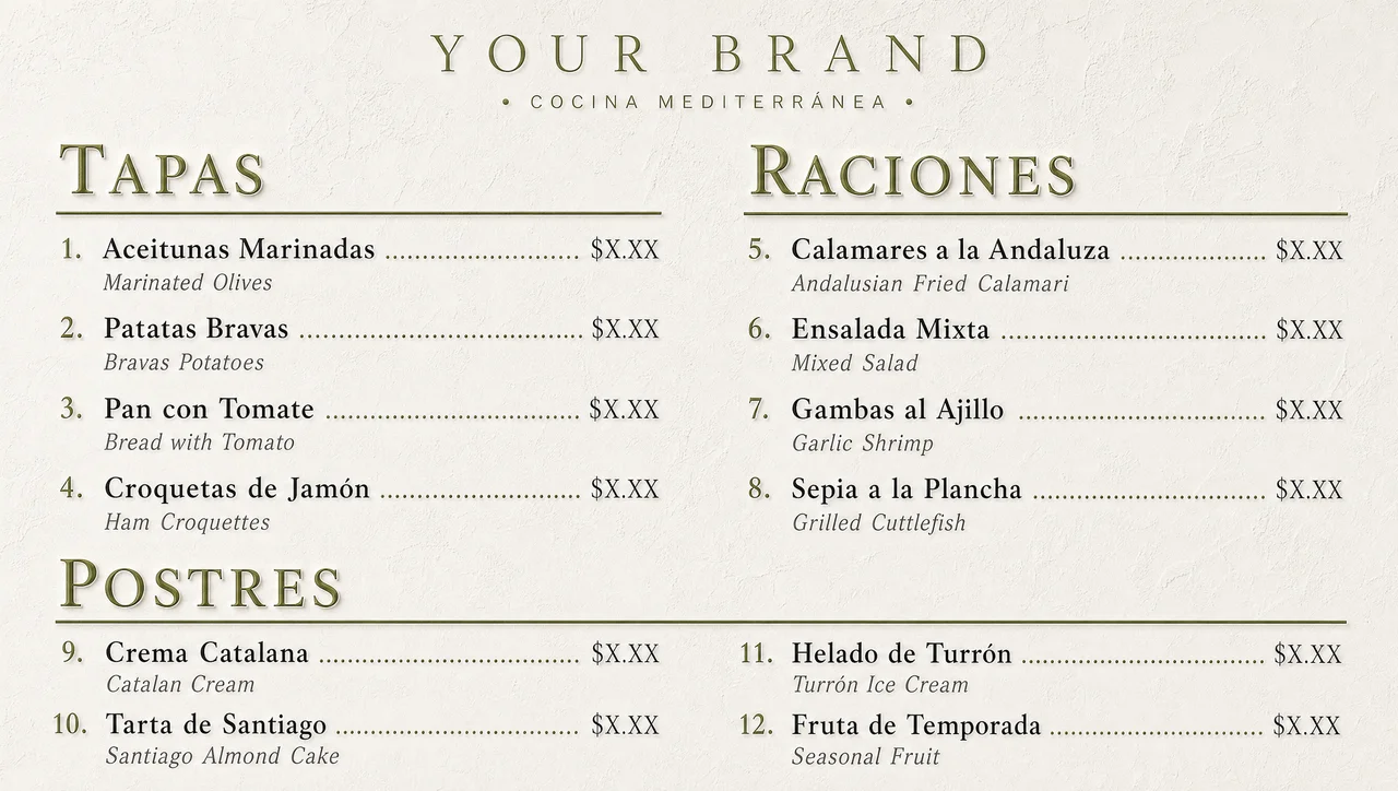 Spanish restaurant menus, whitewashed olive layout.