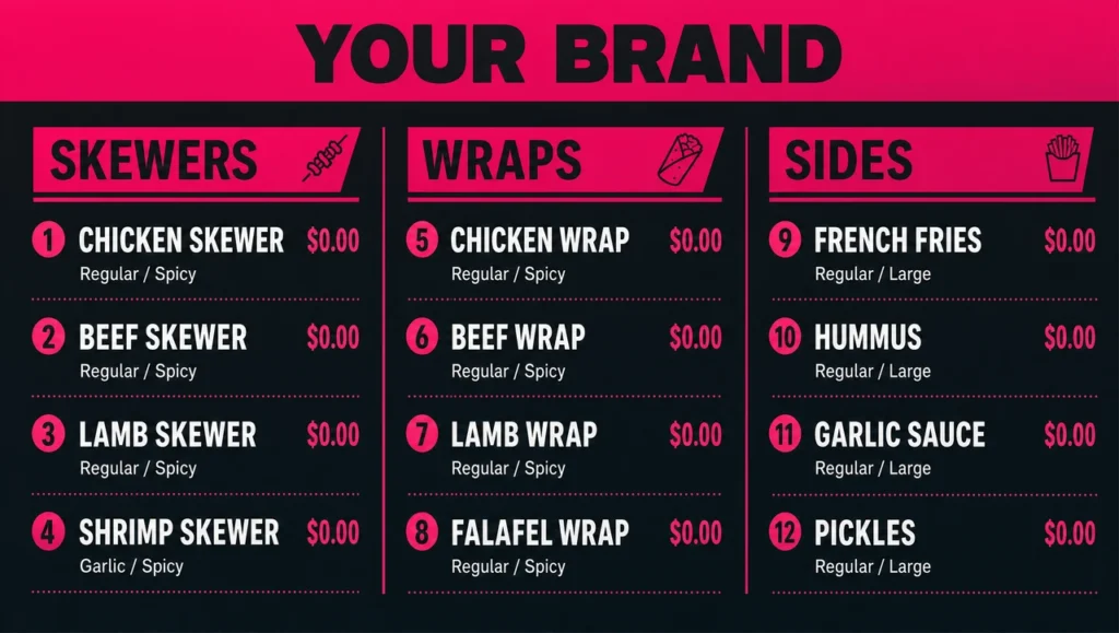 Street food menu template, full design view.