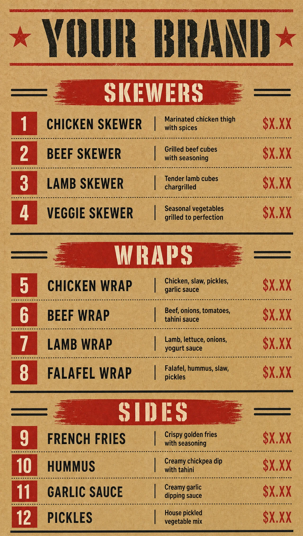 Menu street food layout, vertical design view.