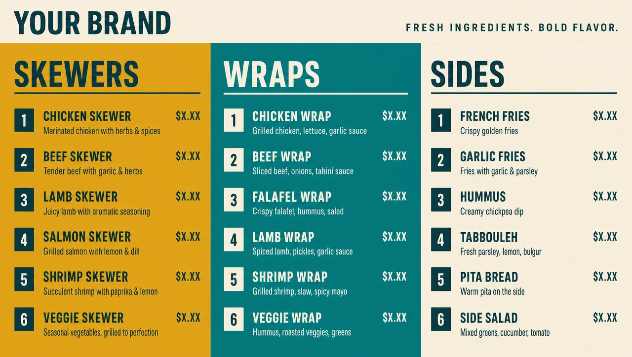 Street food menu design, bold full layout.