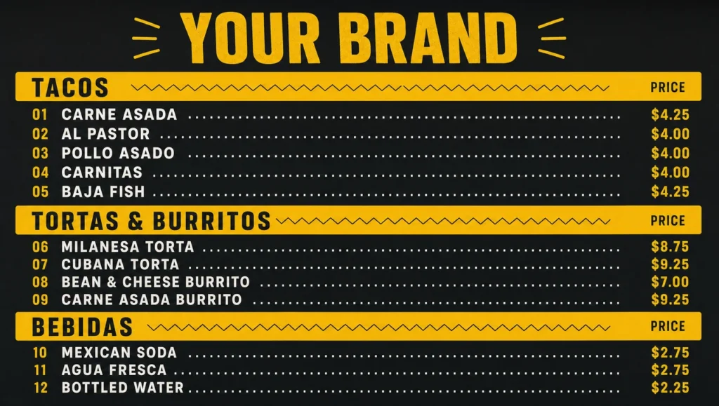 Taqueria menu template, full design view.