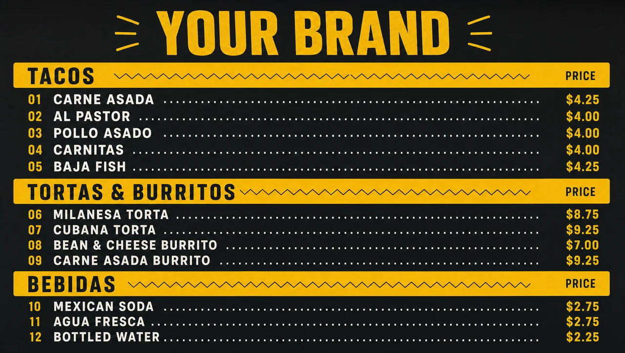 Taqueria menu template, full design view.
