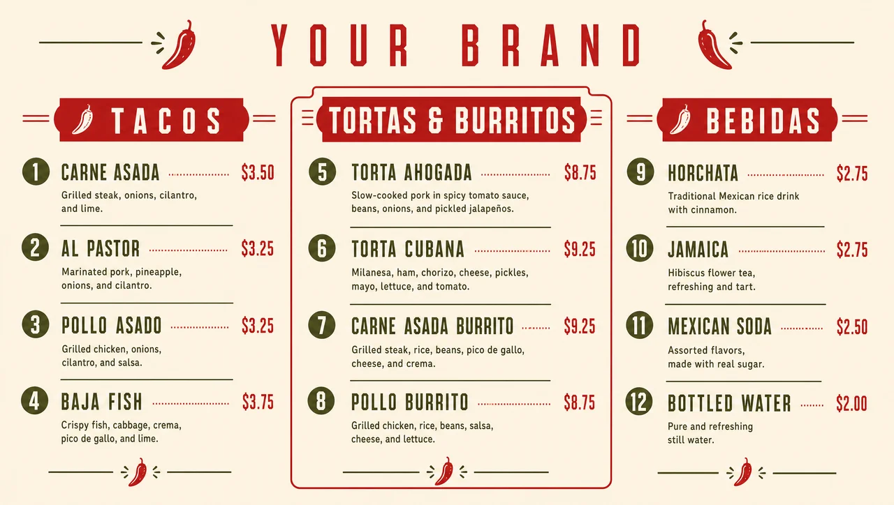 The taqueria menu with tortas and burritos, second design.