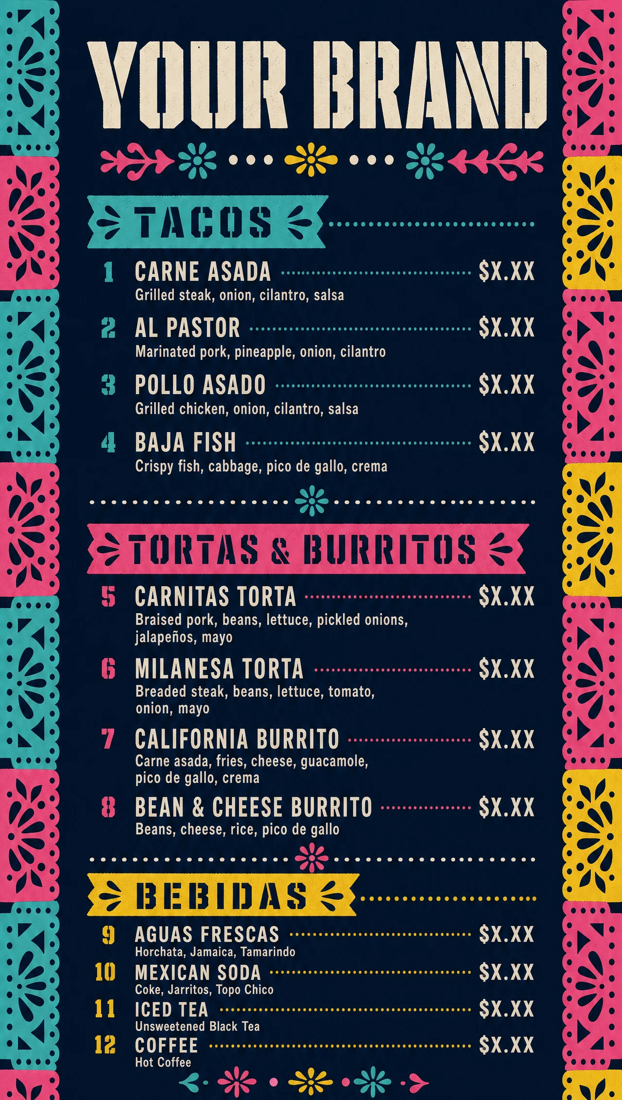 Menu de taqueria, vertical counter panel layout.