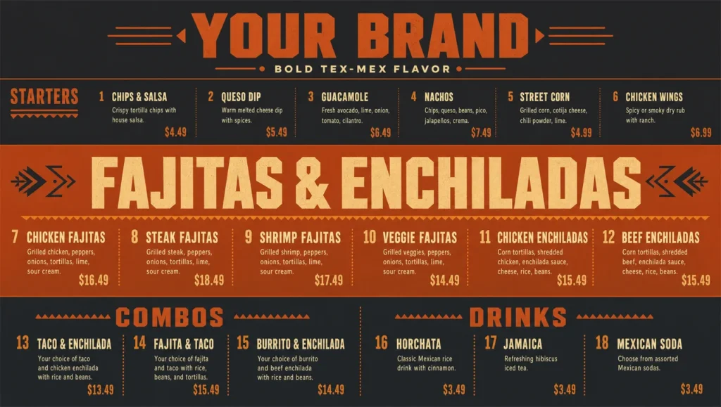 Tex mex menu template, full design view.
