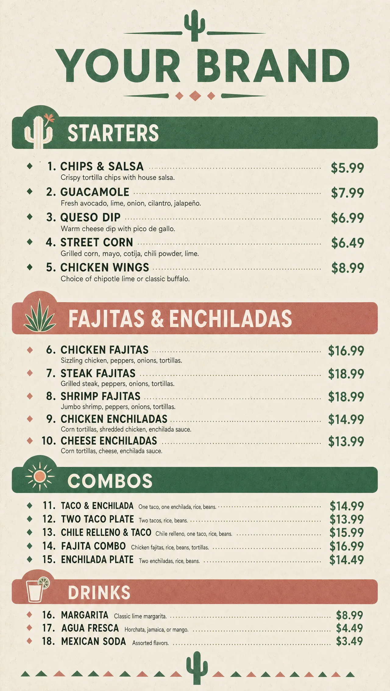 Tex-mex menus for the door panel, vertical build.