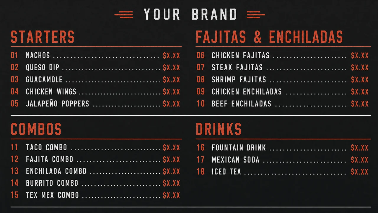 Tex mex menu items listed without descriptions.
